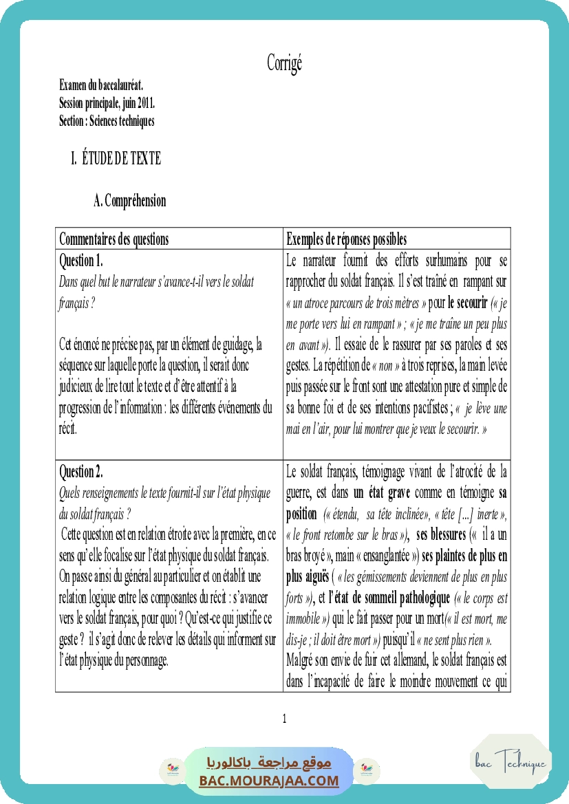 Corrigé principale francais Bac 2011 – Section technique